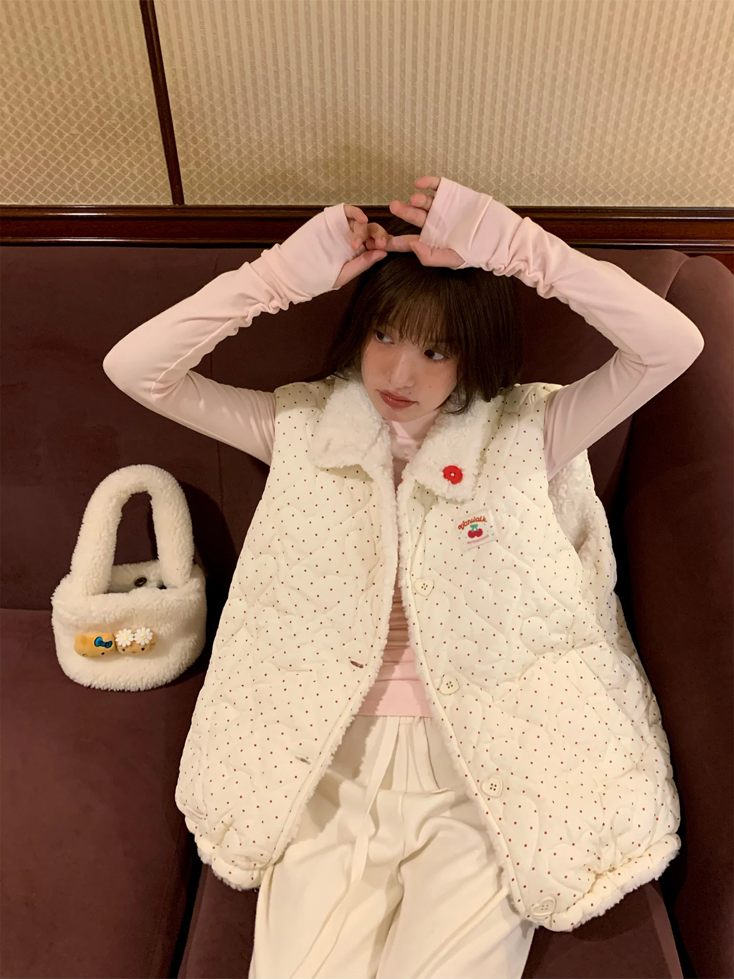 

Женский двусторонний жилет из овечьей шерсти в горошек 97, хлопковая куртка, осенне-зимний свободный повседневный многослойный топ, милый стильный дизайн