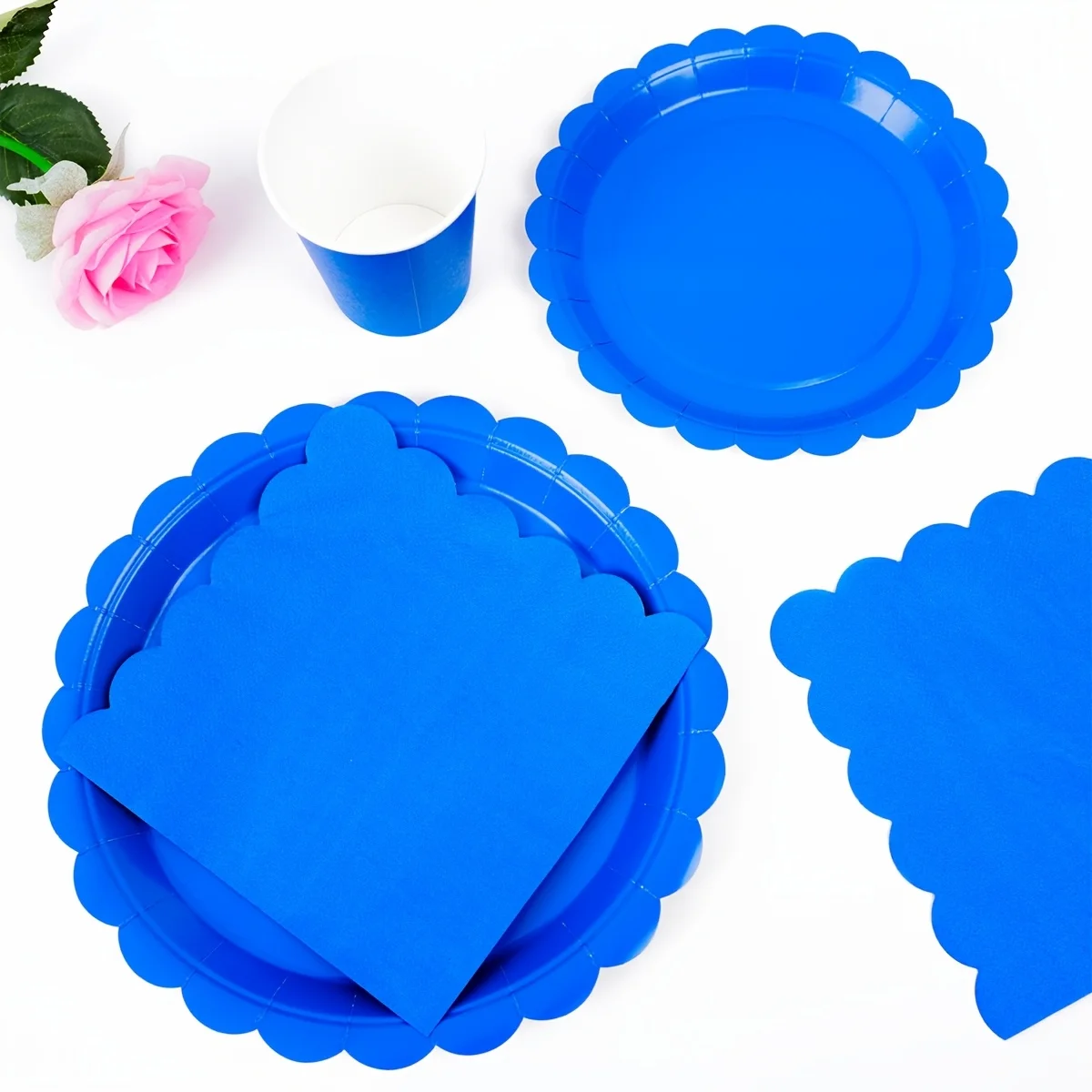 Royal Blue Scalloped Edge Disposable Tableware Set Solid Color Paper Plates Napkins for Wedding Party Supplies Kitchen Tableware