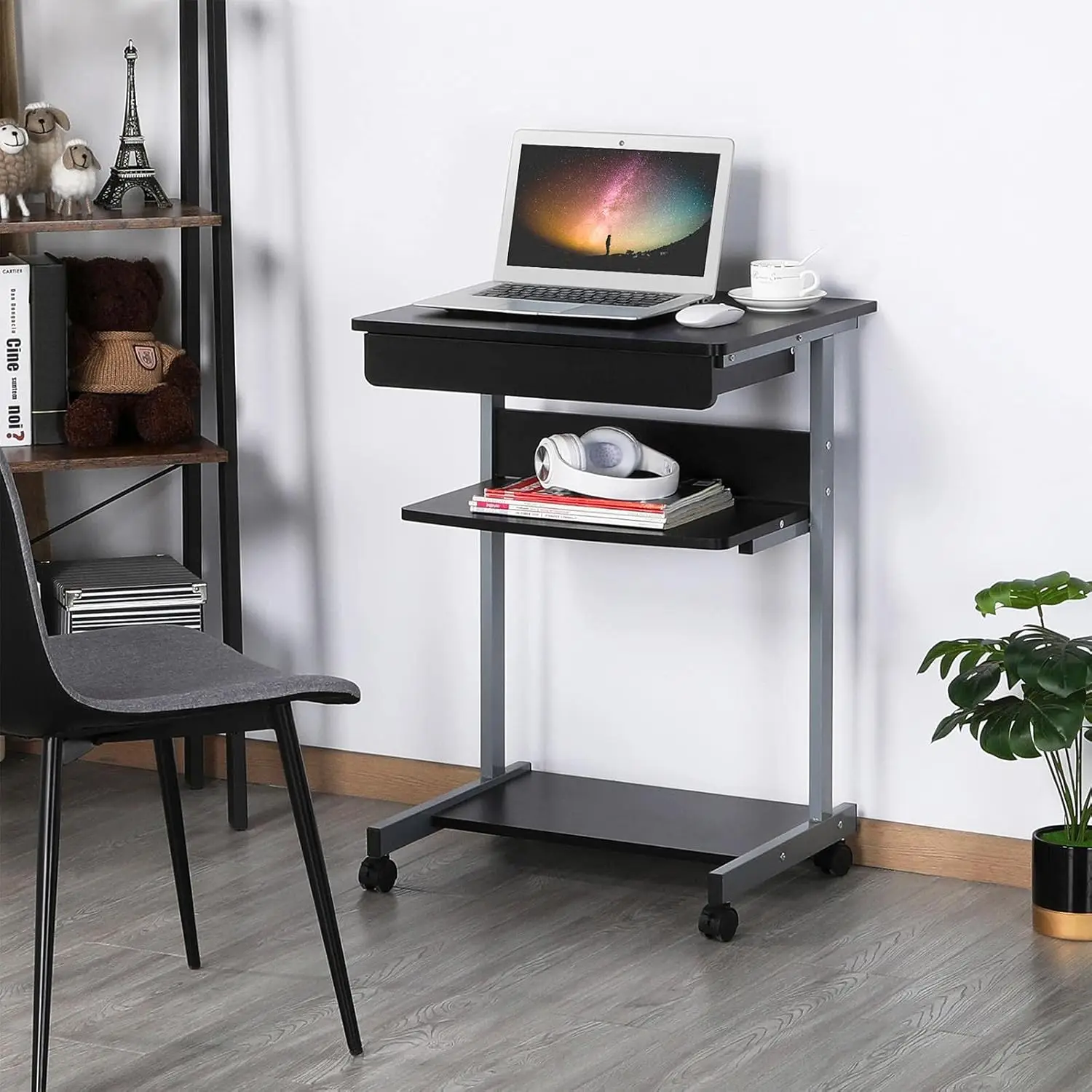 Mobile Computer Desks with Keyboard Tray, Printer Shelf and Monitor Stand Small Space Home Office Furniture, Black