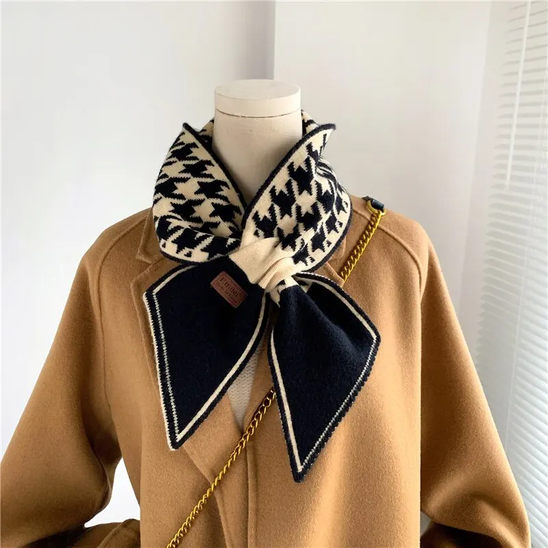 Warm Cashmere Neck Tie Scarf for Women Knitted Winter Houndstooth Long Skinny Soft Scarves Bandana Female Echarpe