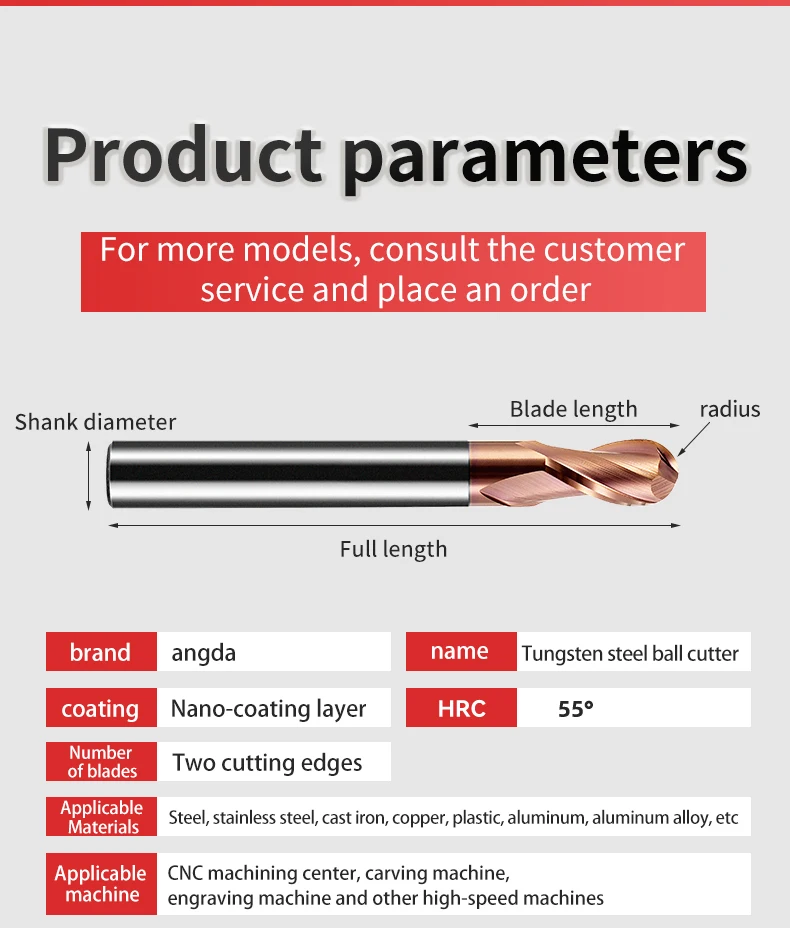 2-Schneiden-Wolframkarbid-Kugelkopffräser, HRC55 CNC-Schneidwerkzeug, 0,5-4 mm Durchmesser, Hartmetall-Kugelkopf mit verlängertem Schaft – Detail 8
