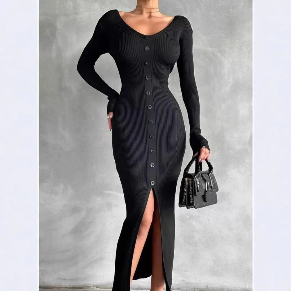 2025 Autumn Winter Ribbed Knitted Sweaters Dress Women V Neck Long Sleeve Single-breasted Front Split Slim Bodycon Midi Dresses