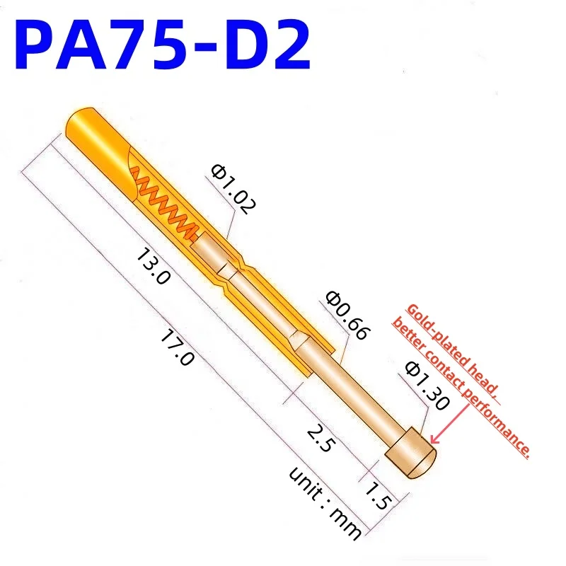 100PCS PA75-D2 Spring Test Probe PA75-D Test Pin PCB Test Tool 17.0mm Dia 1.02mm Gold Needle Tip Dia 1.3mm Pogo Pin P75-D P75-D2