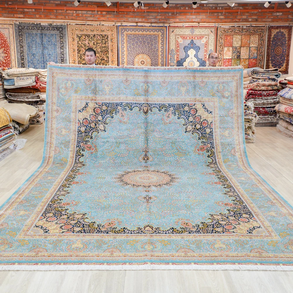 305x427cm Hand made Large Turkey Rugs Medallion Exquisite Blue Silk Carpets (TJ572A)