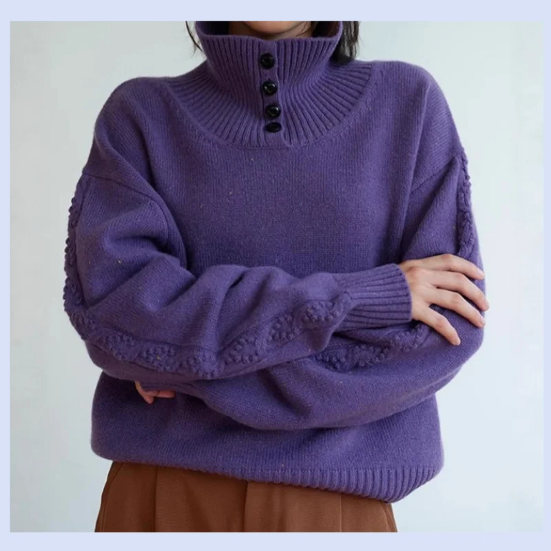 

Colorful sheep wool autumn and winter thick collar three-dimensional twisted flower loose pullover knitted sweater