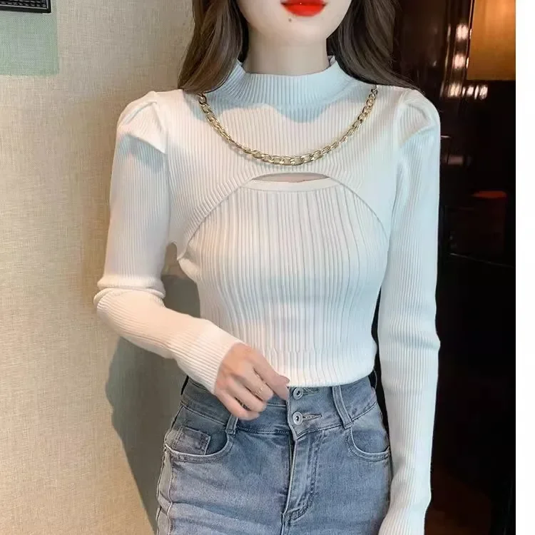 ハーフハイネック中空ニットセーター女性のセーターバブルスリーブ付き新しいファッショナブルで多用途なチェーンセクシーな長袖