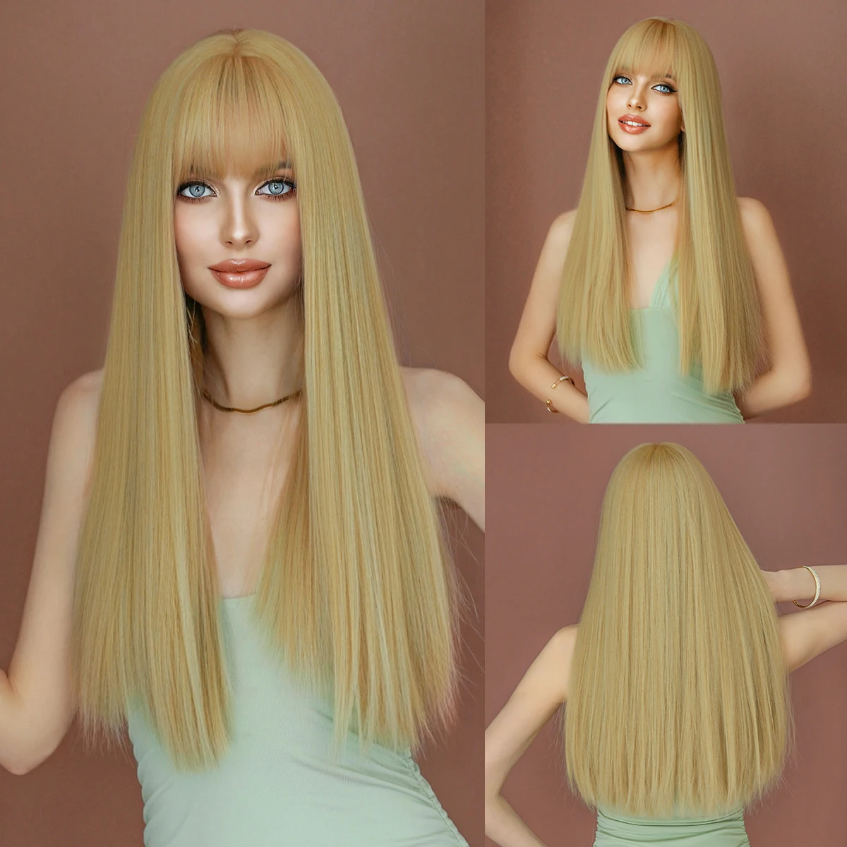 NAMM Ombre Blonde Wig for Women Daily Party Long straight Wig Natural Synthetic Hair Fashion Wig with Bangs Heat Resistant Fiber