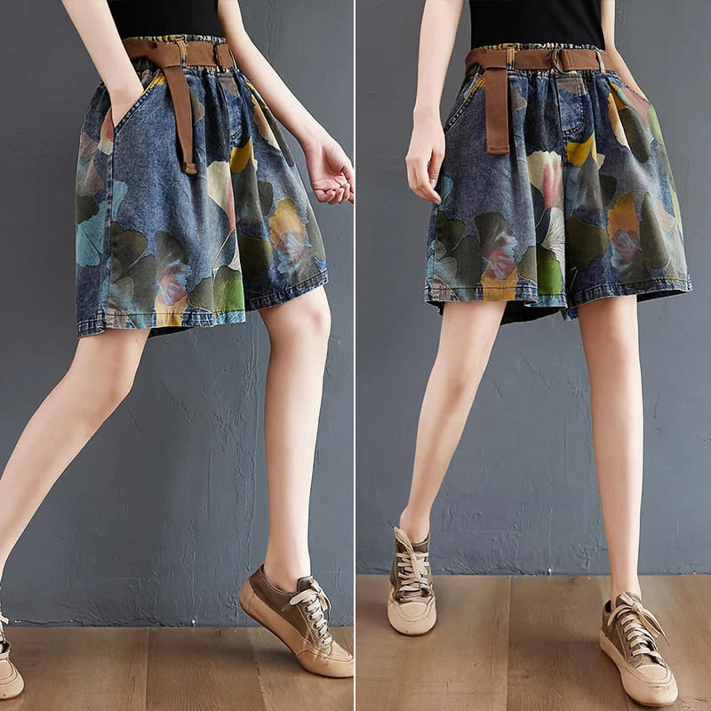 Vintage Printing Denim Shorts for Women Summer Elastic Waist Loose Casual A-line Comfortable Half Length Pants JJ112