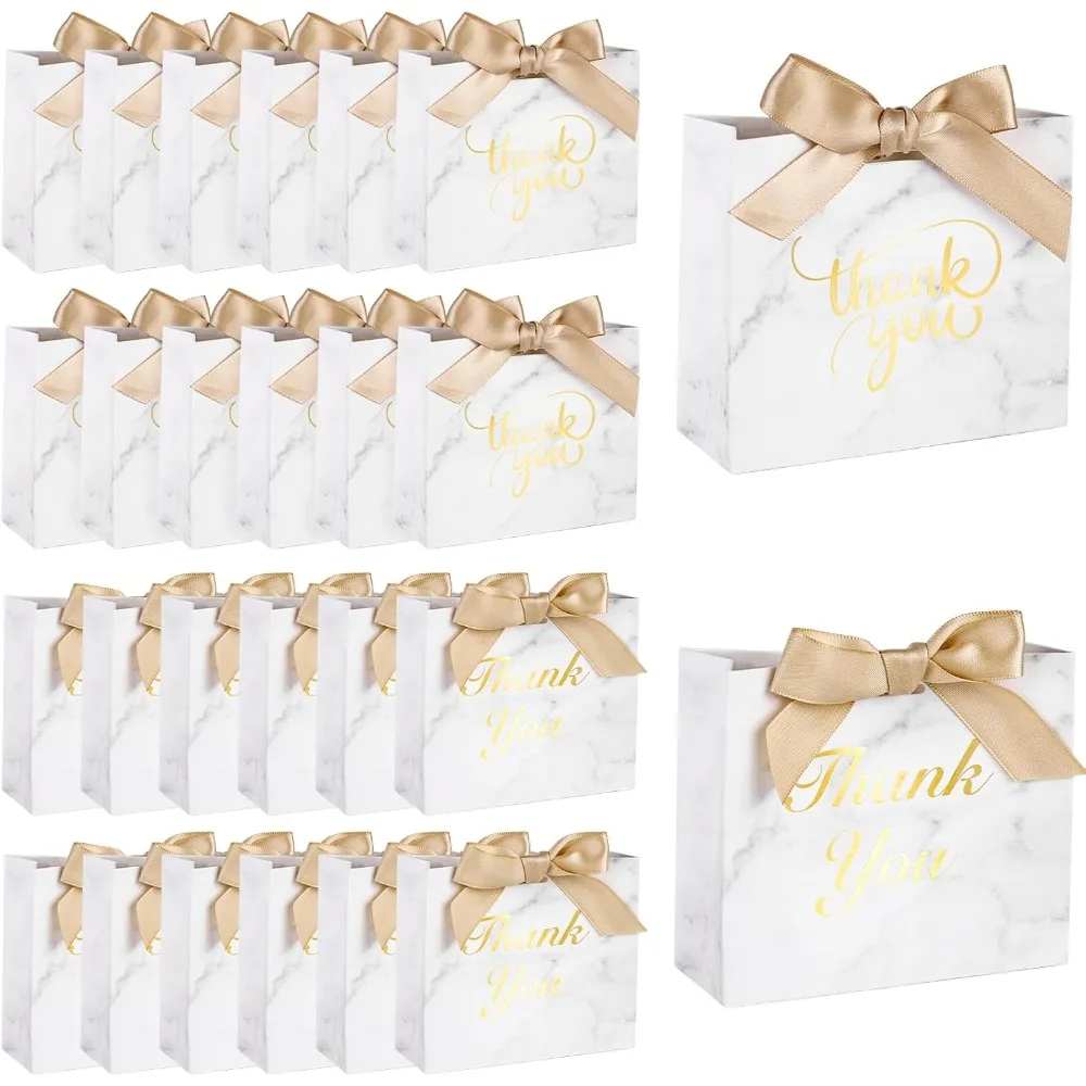 

24PCS Thank You Gift Bags, 4.5x3.9x1.8Inches Mini Party Favor Bags White Treat Boxes with Bow Ribbon for Wedding Bridal
