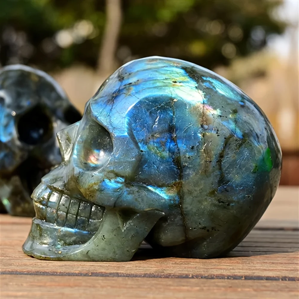 1pc Labradorite Hand-Carved Skull - Bohemian Gothic Decor with Iridescent Blue, Purple, Play-of-Color, Home Decor