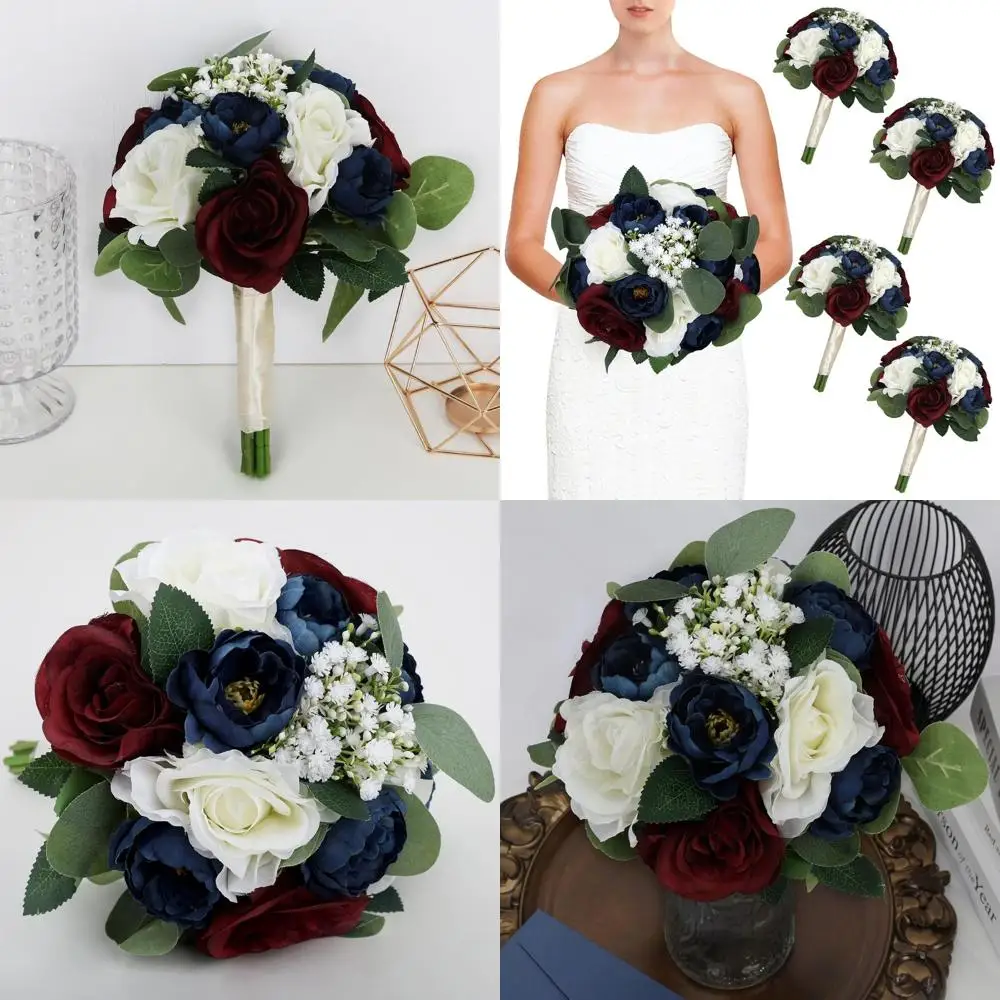 

4-piece Burgundy & Navy Blue Artificial Bridesmaid Bouquets, 11 for Wedding and Shower Decor