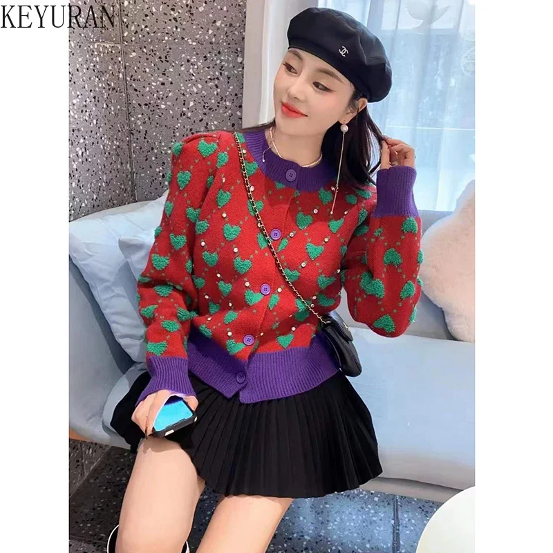 Japanese Sweater Womens Cardigans 2023 Spring Korean O Neck Long Sleeve Hit Color Love Heart with Diamond Knitted Cardigan Tops