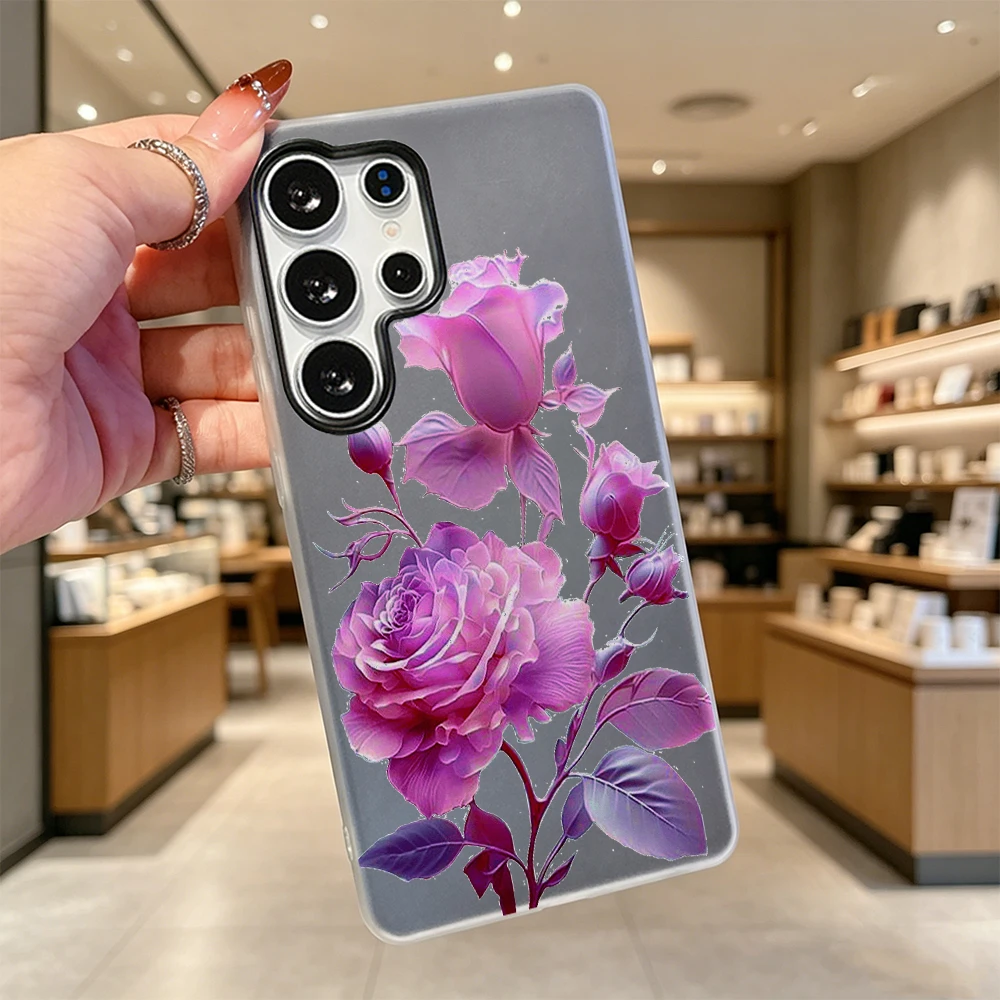 Shiny Transparent Purple Roses Trendy Jelly Color Dual Layer TPU Protective Case For Samsung Galaxy S & A Series Ultra FE