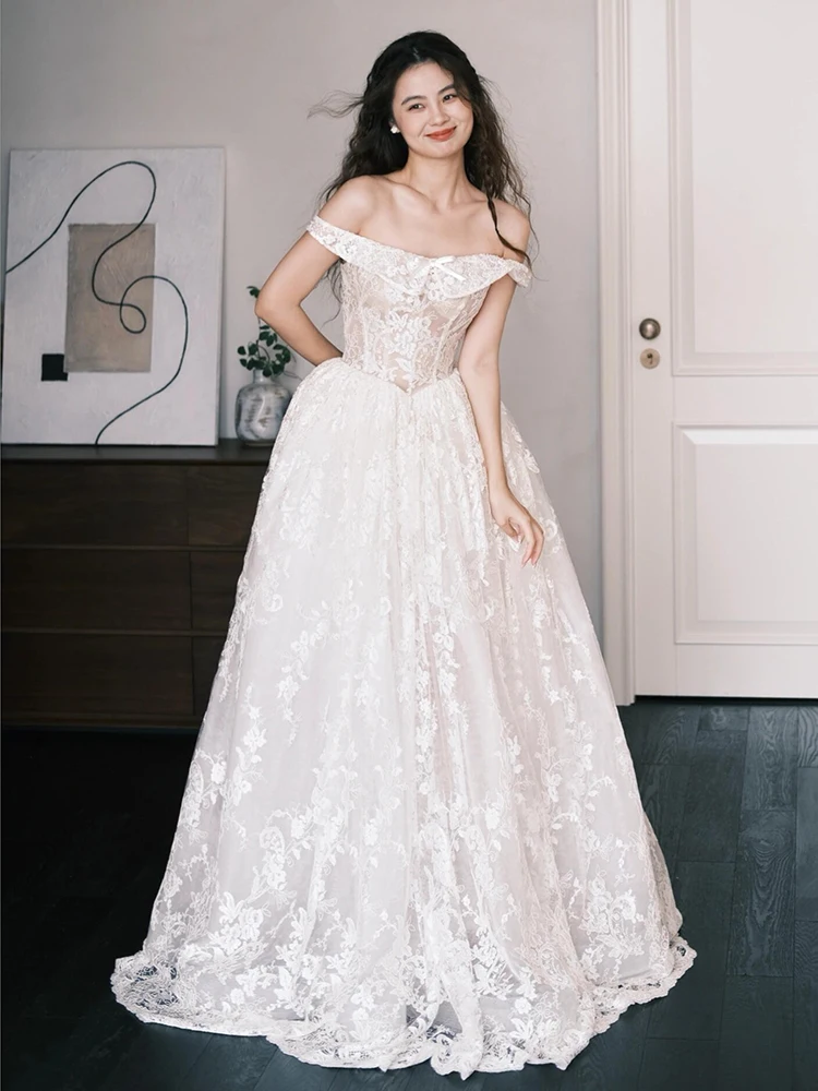 

Ретро-кружевное свадебное платье без рукавов, А-силуэт, длина в пол, на одно плечо, для осенне-зимних церемоний