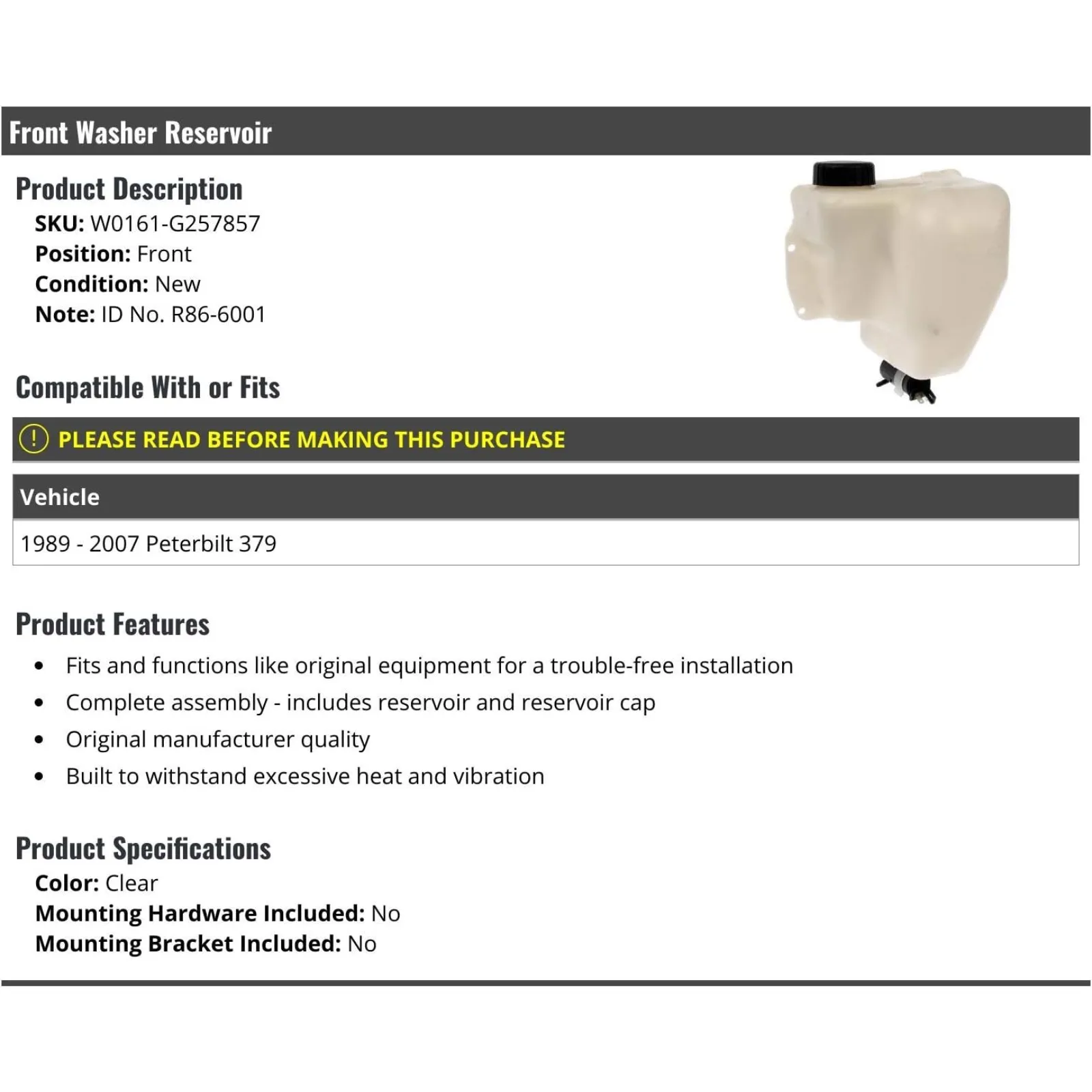 US  Front Windshield Washer Fluid Reservoir Tank - Compatible with 1989-2007 Peterbilt 379