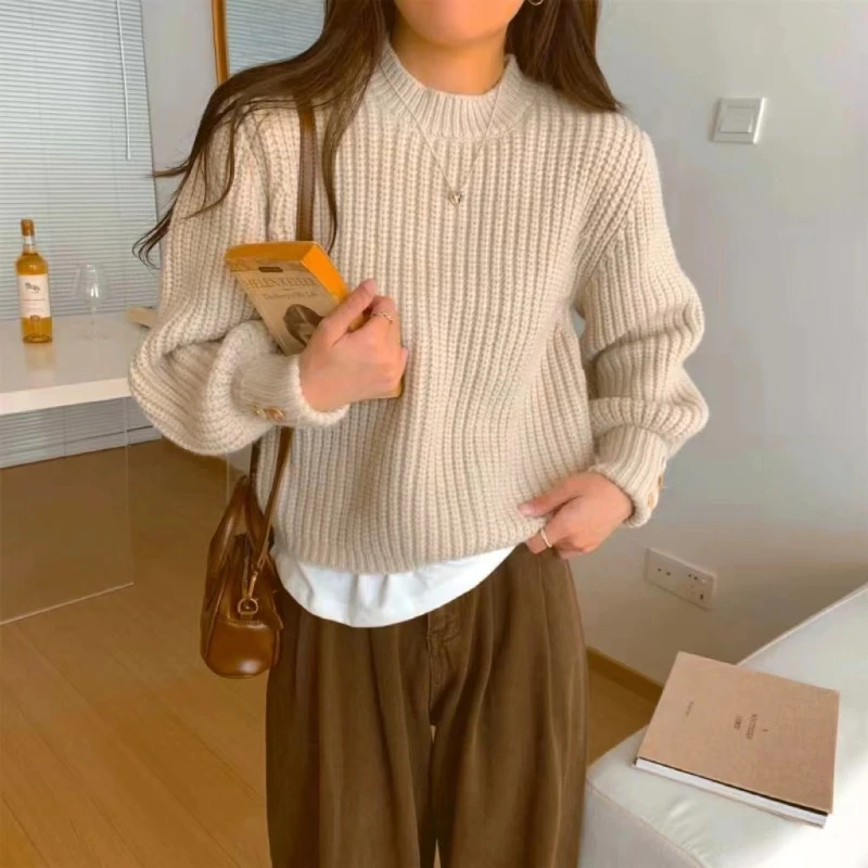 Korean Fashion Women Pullover Soft Cable Knit Crop Sweater Long Sleeve Crew Neck Box-fit Plain Jumper Teen-girl Fall Winter