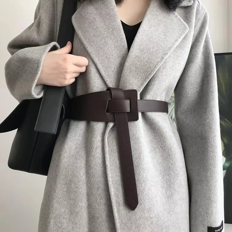

Ladies Fashionable Versatile Leather Cowhide Belt Knotted Wide Accessory for Waist Or Head Layer