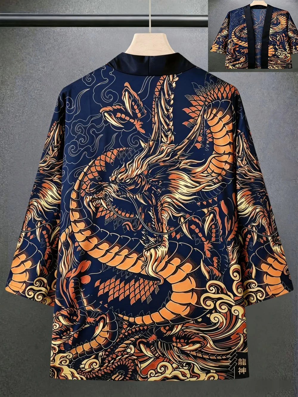 

European and American men's summer retro dragon Teng print soft and breathable open top traditional kimono outdoor casual top