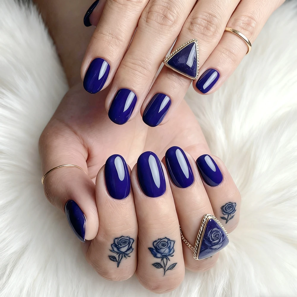 

48Pcs Short Fake Nails With Glue Glossy Royal Blue Press On False Nails For Woman DIY Acrylic Finger Tips Manicure Tool