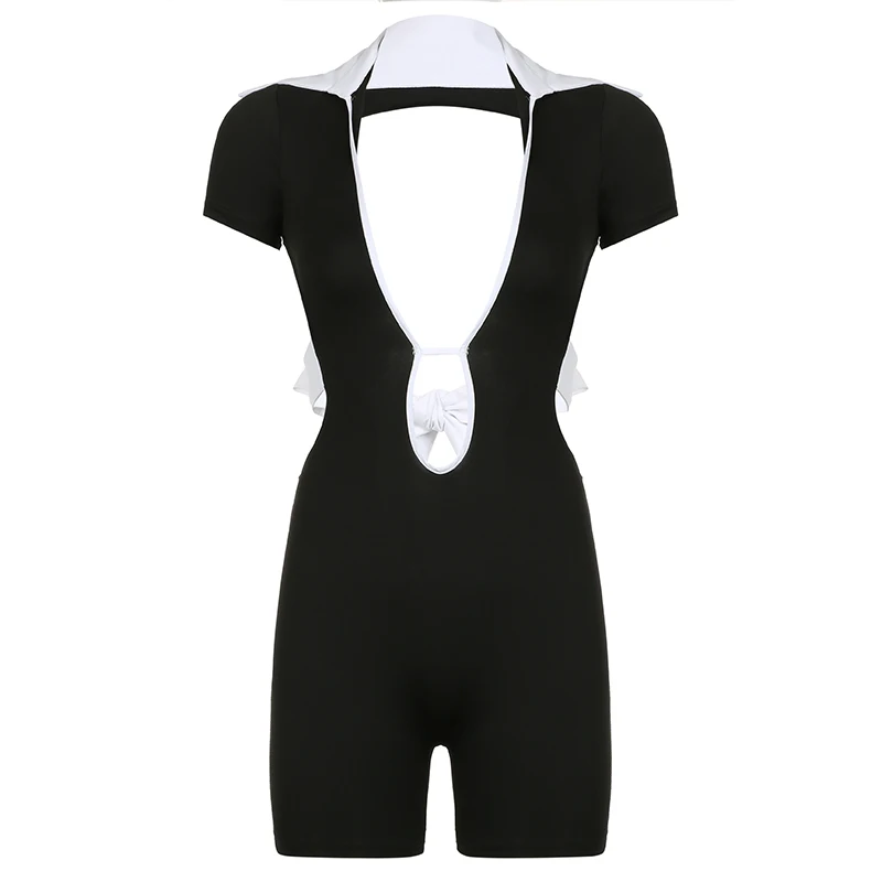 BIIKPIIK Sexy Hollow Out Polo Collar Short Sleeve Playsuit For Women Club Fashion Bandage Backless Contrast-color Skinny Rompers