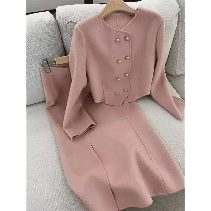 UNXX 2025 Autumn Women Skirt Suits Office Lady Tweed Set O Neck Button Cropped Jackets Bodycon Long Elegant Female 2 Pieces Sets