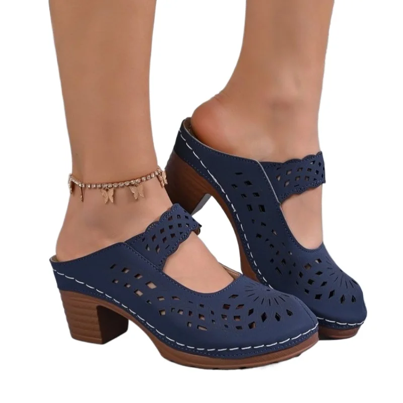 

Новые летние женские сандалии-мюли 2026 года на массивном высоком каблуке, с закрытым носком, без застежек, для полных женщин