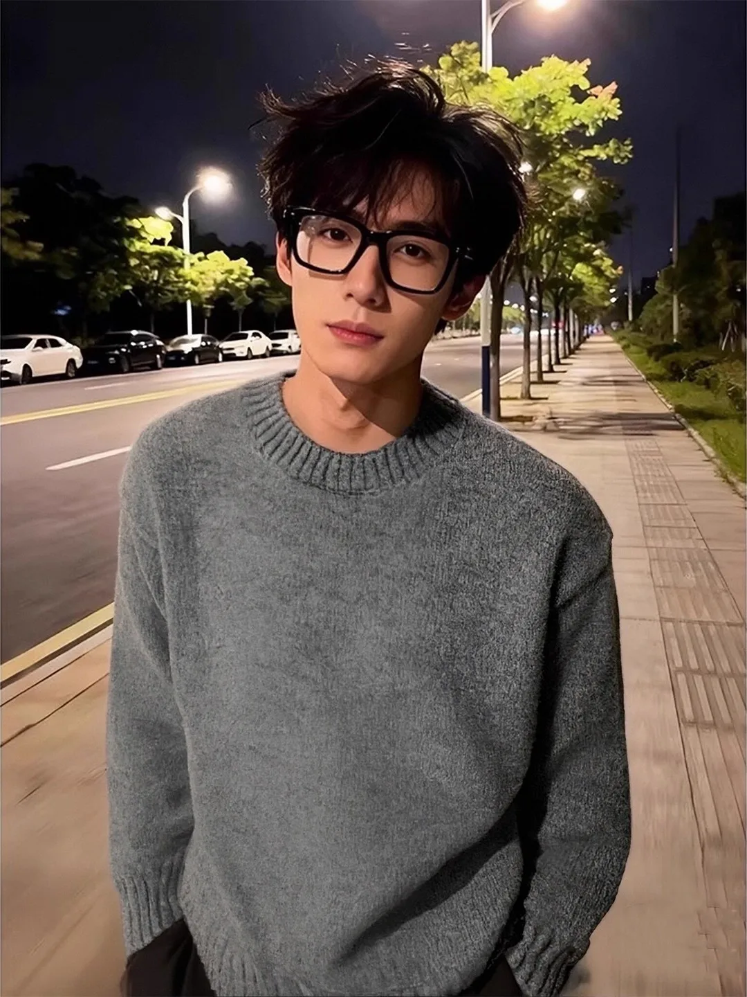 

Deep ey round Ne Knitwear Men's Long Sve Inner Wear Vintage American Sle Top Quali Base irt Loose Fit Comfortable