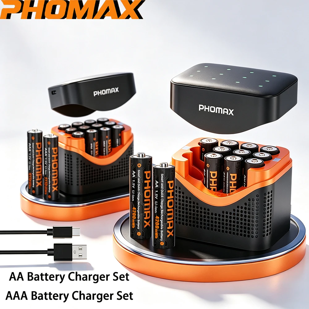 PHOMAX 1.5V AA AAA Rechargeable Lithium-ion Battery & 12 Slots Smart Battery Charger SET Batteries Individually Available