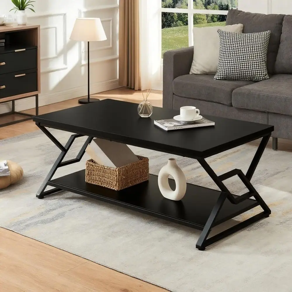 طاولة قهوة مستطيلة ريفية بطبقتين مع أرفف مفتوحة، 39 بوصة، أسود لغرفة المعيشة #3
