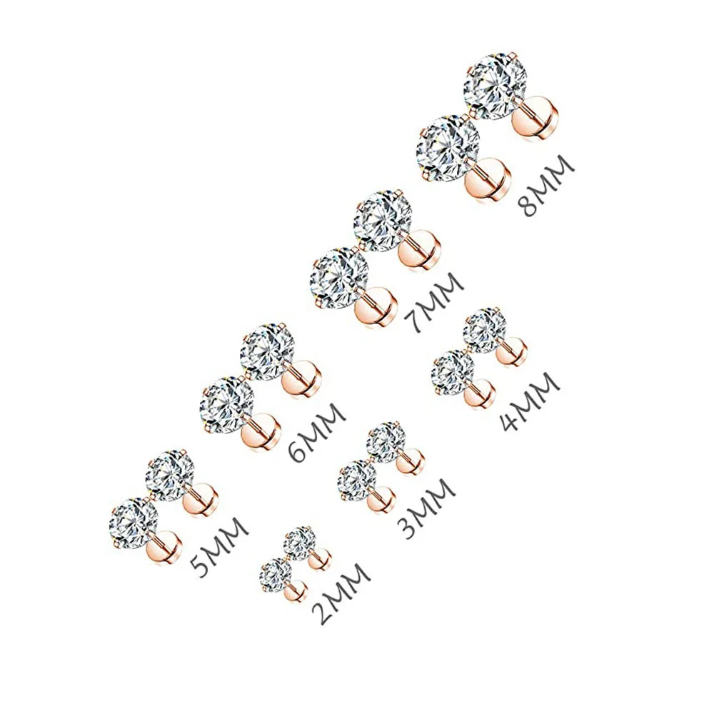 1Pair Classic Flat Back Screw Studs Stainless Steel Small Tiny Crystal Studs Earrings Women Men Piercing 4 Prong Tragus Earrings