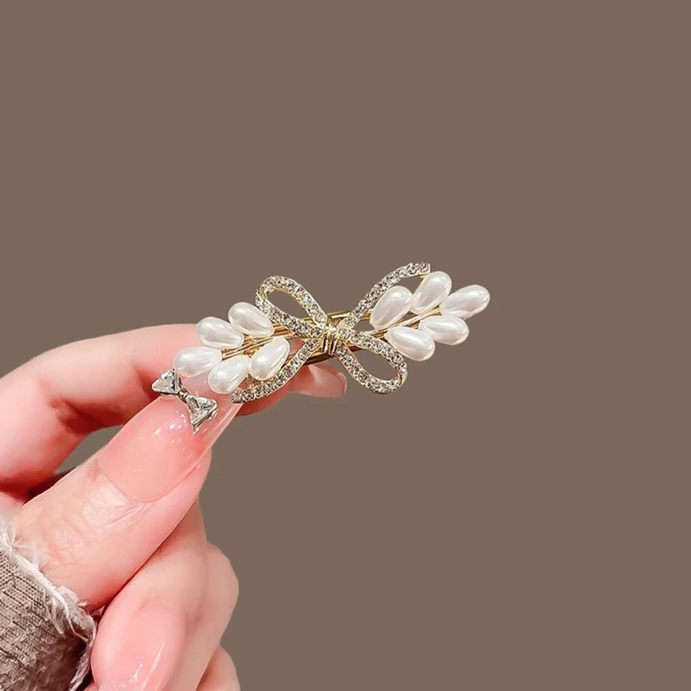 

Super Fairy Rhinestone Pearl Bowknot Hairpins Women Temperament Side Bangs Fashion Duckbill Hair Clips Hair Accessories