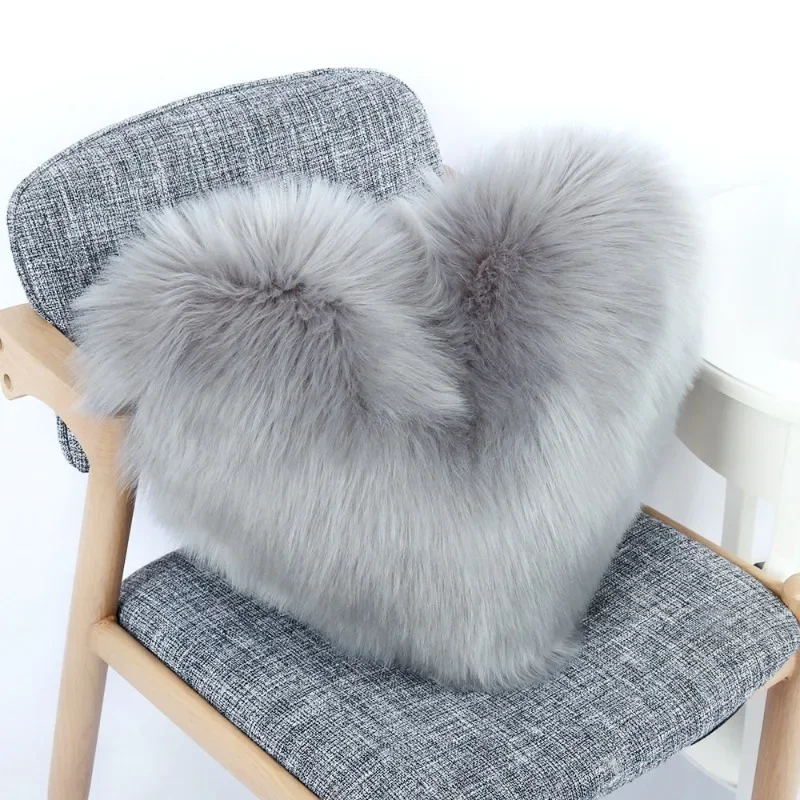 Long Shaggy Faux Fur Heart Shape Throw Pillow Solid Color Sofa Chair Cushion Living Room Bedroom Ornament Valentine Holiday Gift