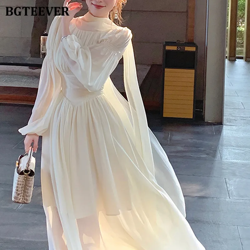 BGTEEVER Elegant Lace-up Women Chiffon Dress Stylish Puff Sleeve Slim Waist Female A-line Dress Ladies Vestidos Spring Summer