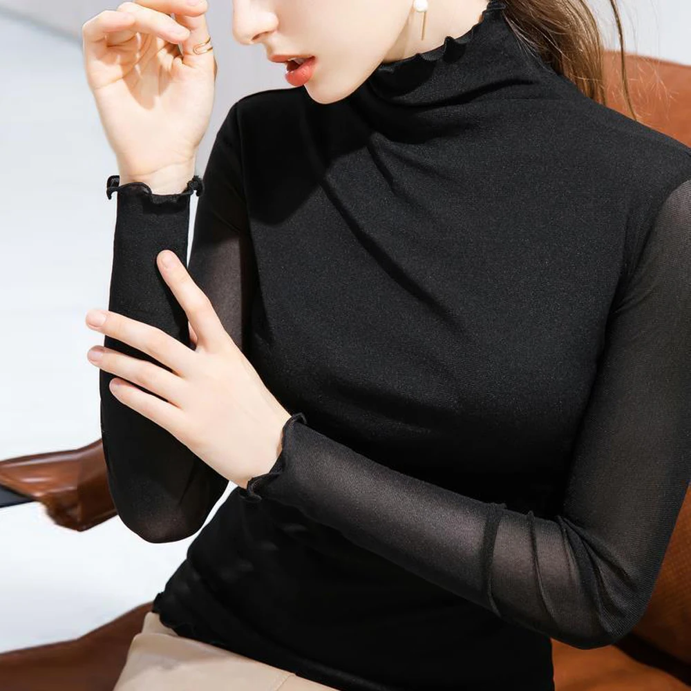 

Transparent Mesh Wooden Ear Thin T Shirt Women S-2XL High Neck Sexy All-match Full Sleeved Turtleneck Slim Lace Shirts Top Lady