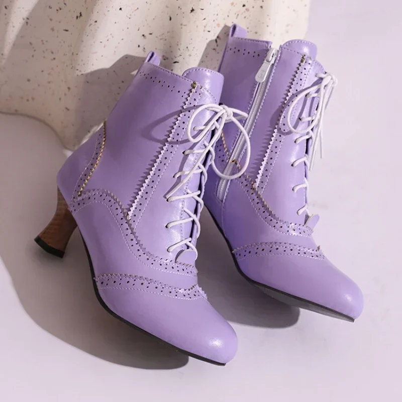 Big Size Shoes 48 45 43, 2024 Autumn New Fashion Front Lace Up Ankle Boots for Women European and American Pointed Low Heeles