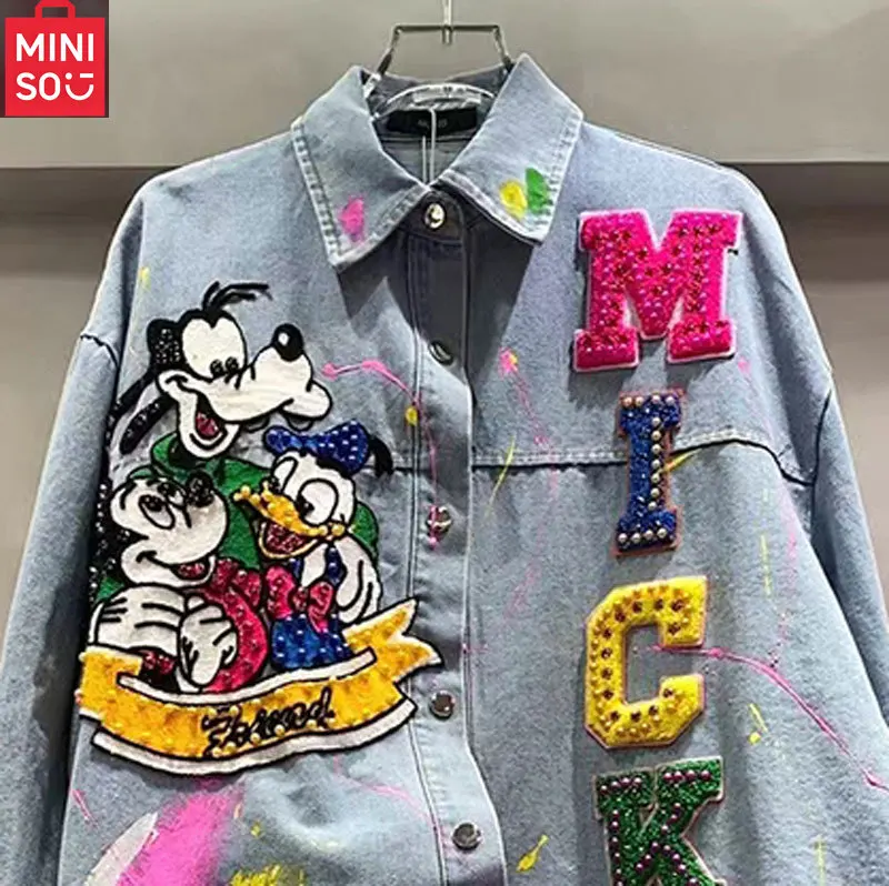 MINISO Embroidered Shirt Women's Medium to Long Loose Multi functional Denim Jacket New Fashionable Single breasted Outer Coat - Image 2