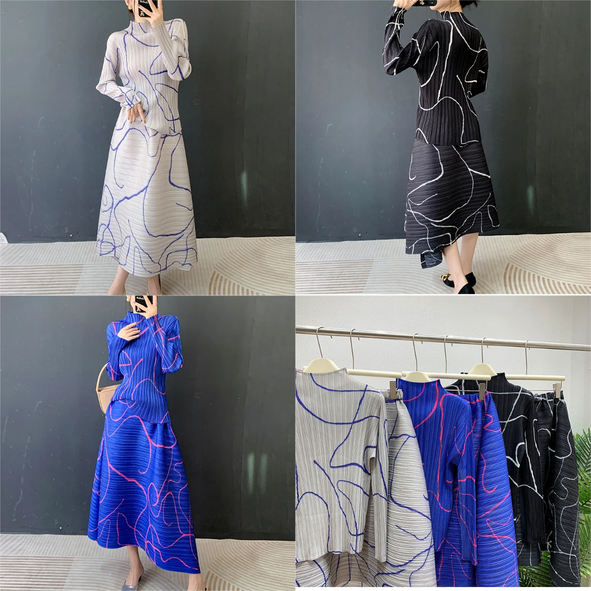 

Miyake Pleated Print 2025 Spring New Flower Set Fashion Long Sleeve Half High Neck Top + Big Swing Skirt Two Piece Set Pleated