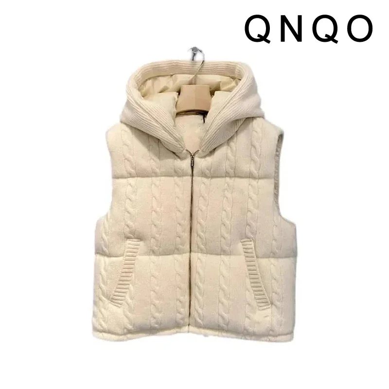 QNQO Vest Parkas for Women Hooded Sleeveless Chic Casual Zipper Coat Autumn Winter 2024 New Fashion Solid Female Thermal Vests