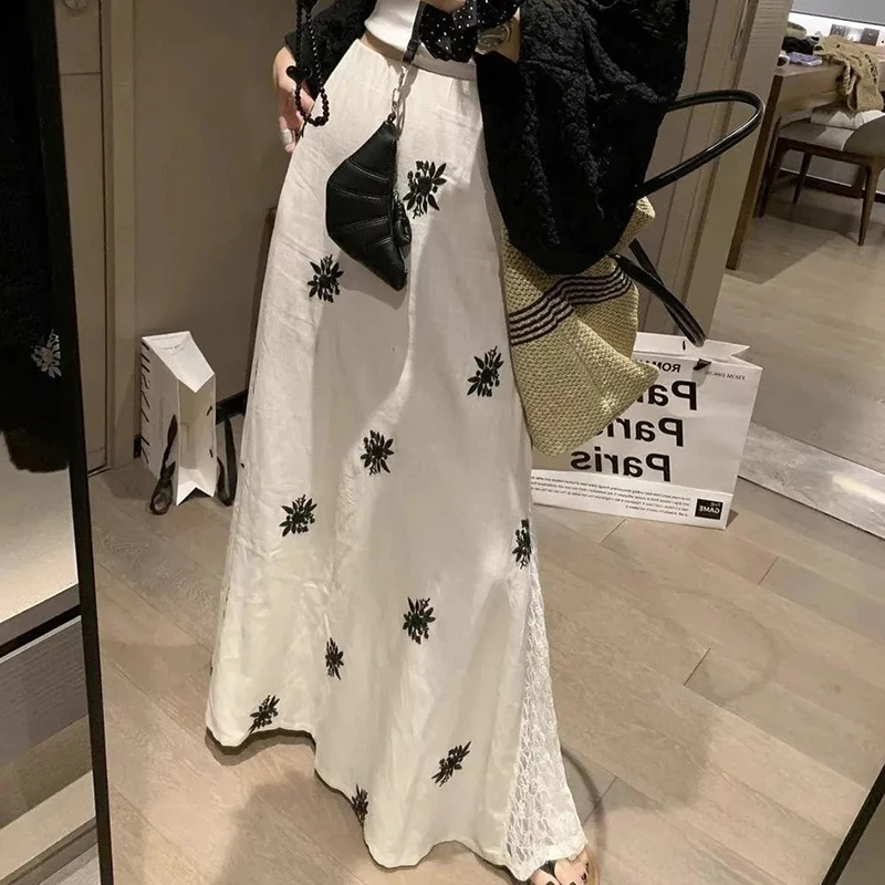 Linen Embroidered Skirt Women Lace Patchwork High Waisted A Line Chic Skirt Harajuku Y2K Beach Vacation Long Skirt