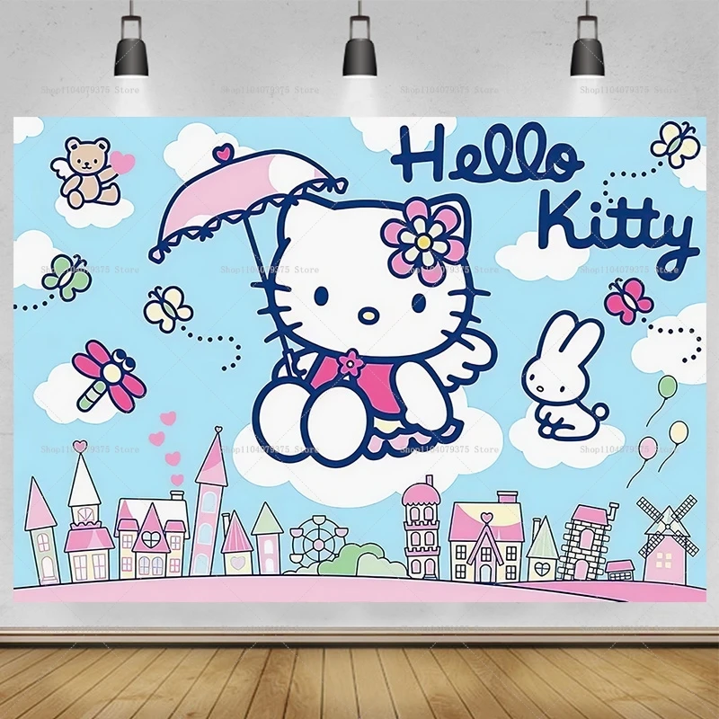 Fondo de fotografía para fiesta de cumpleaños con tema rosa de Hello Kitty, pancarta adecuada para niños y niñas, accesorios para fotomatón de fiesta