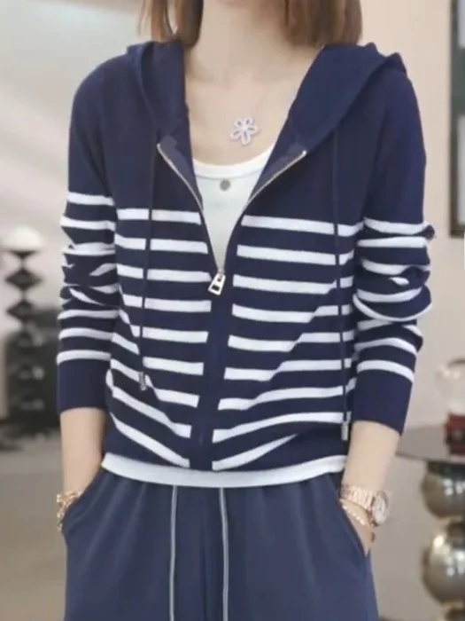 

plus Size Casual Striped Hooded Knitted Cardigan Top Spring Autumn Agel Artistic Long Sve ort Outerwear for Women