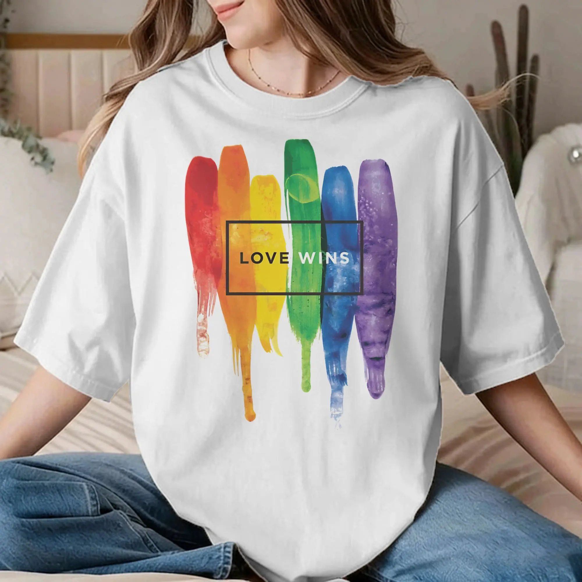Vintage LGBT Love Wins Rainbow Paint Typographic T-Shirt Men Women's Crew Neck Cotton T Shirts  Short Sleeve Printed Clothing