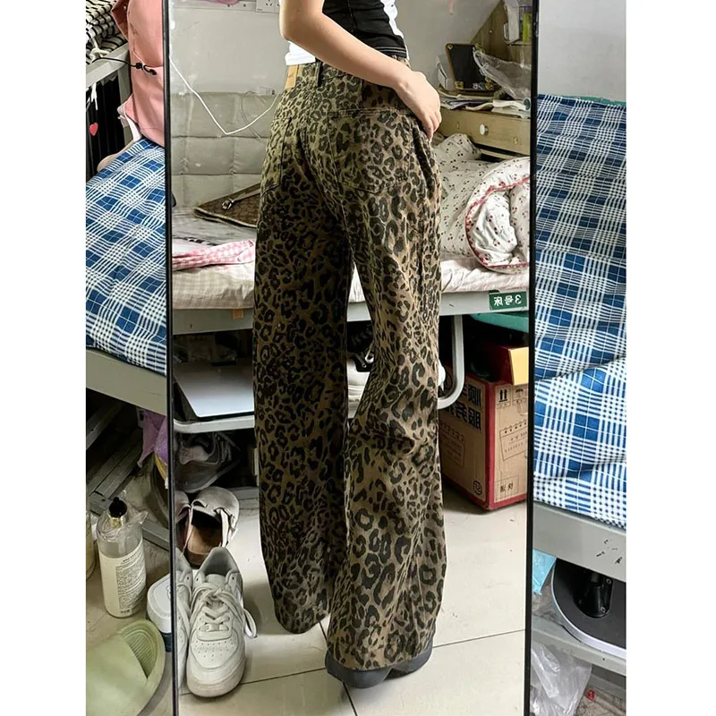 Lucyever American Retro Leopard Print Jeans dla kobiet Casual High Waist Baggy Denim Pants Female Y2K Panther Straight Trousers