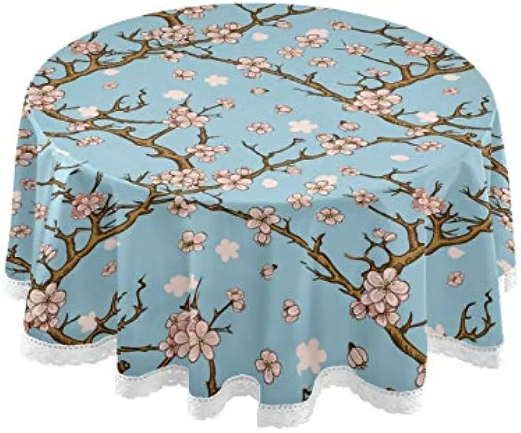 Japanese Spring Flowers Round Tablecloth Lace Table Cloth Washable Polyester Table Cover for Home Kitchen Dinning Room Party