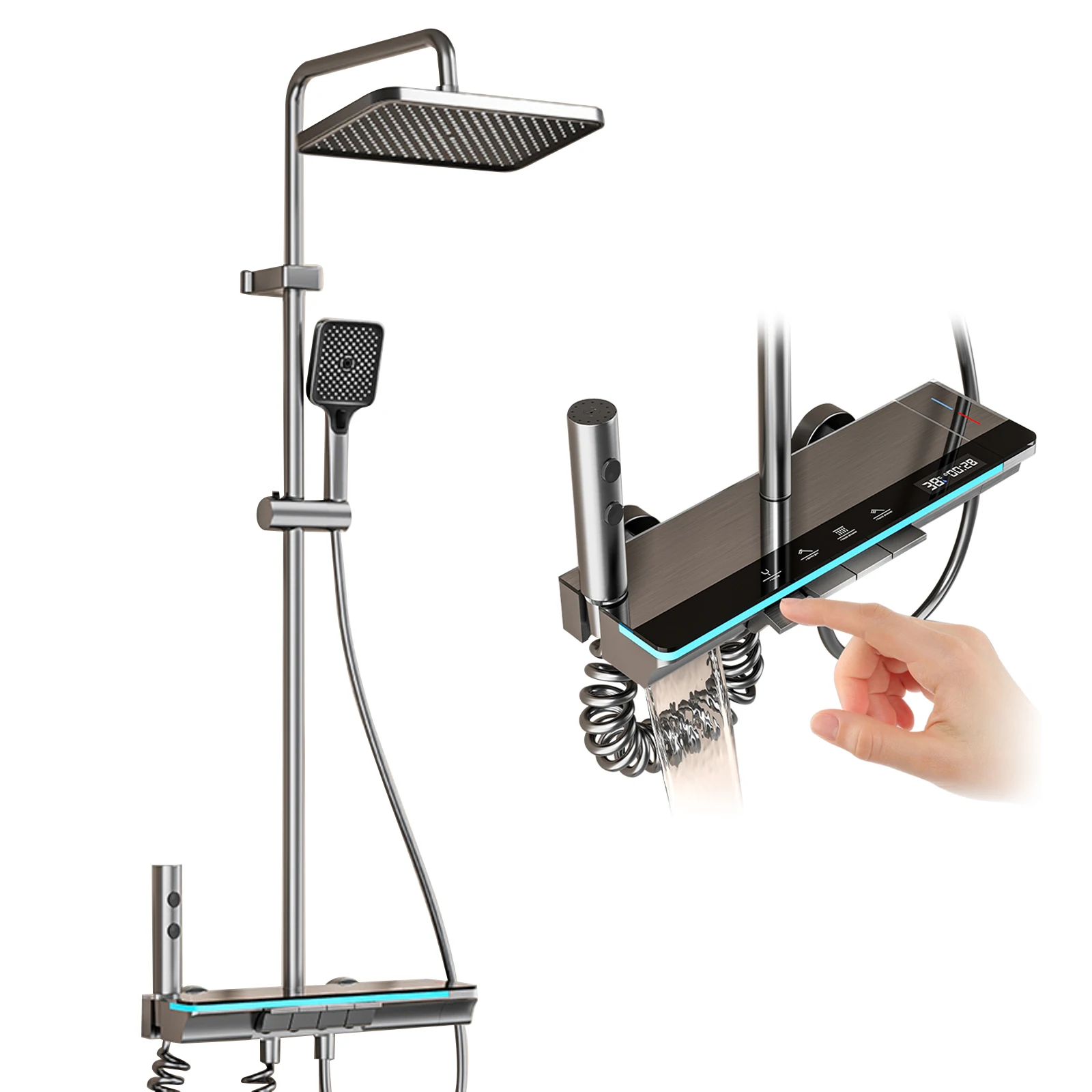 Thermostatisches LED-Duschsystem Badezimmer-Duschset Messing-Regenduschkopf Digitale Temperaturanzeige Warm-Kalt-Mischbatterie Wandmontierte Duscharmatur Regendusche-Kombination Handbrause für