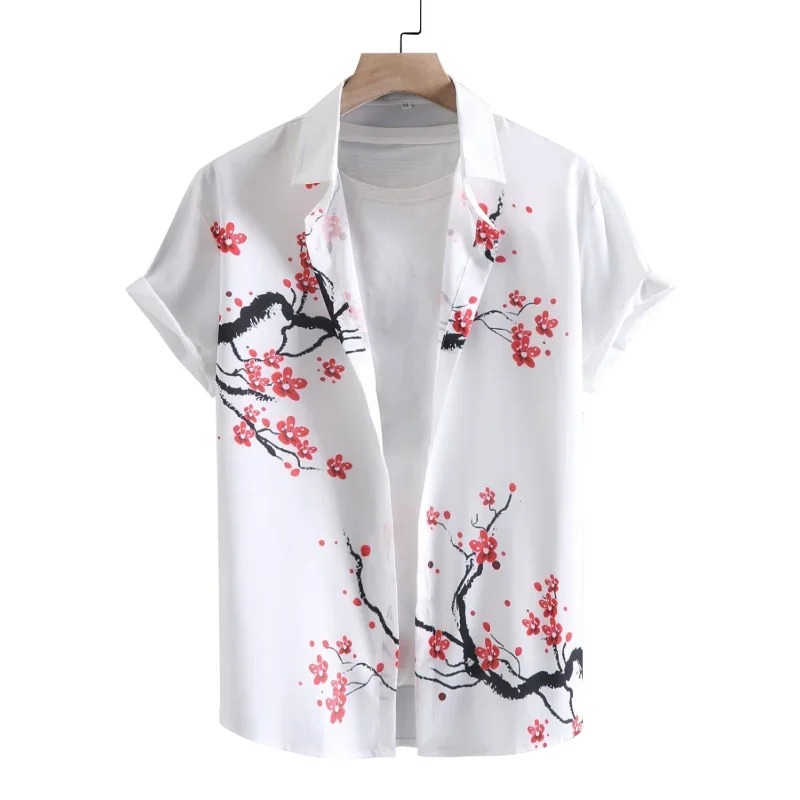 Camisa de manga corta con estampado de flor de ciruelo para hombre, camisa de playa con pintura de tinta informal