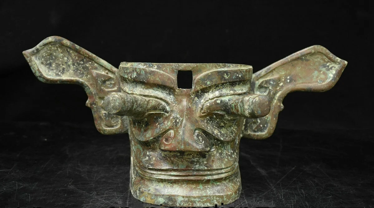 12.6" Old China Bronze Ware Dynasty Palace Sanxingdui Civilization Face Mask
