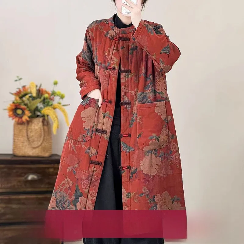 

Женский хлопковый льняной ретро-вышитый художественный этнический сарафан на пуговицах средней длины с принтом, новый китайский Sle Nationali Cott...