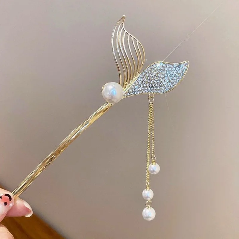 Fashion Pearl Crystal Tassels Fish Tail Hair Sticks Hairpins For Women Girls Elegant Metal Hair Clips Headwear Hair Accessories