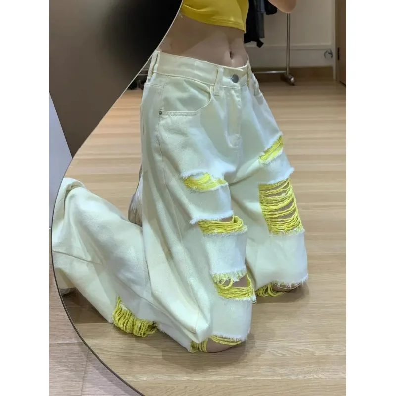 

Women's Cream Distressed Baggy Jeans Yellow Frayed Ripped Wide Leg High Waist Denim Pants Y2K Streetwear